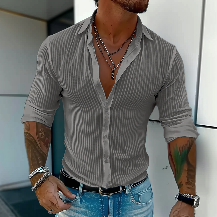 Męska Letnia Koszula w Lekkim Stylu z Prążkowanym Wzorem – Slim Button-Up na Randki i do Miasta