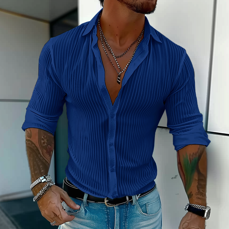 Męska Letnia Koszula w Lekkim Stylu z Prążkowanym Wzorem – Slim Button-Up na Randki i do Miasta