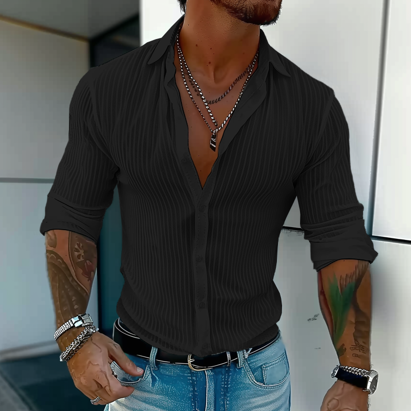 Męska Letnia Koszula w Lekkim Stylu z Prążkowanym Wzorem – Slim Button-Up na Randki i do Miasta
