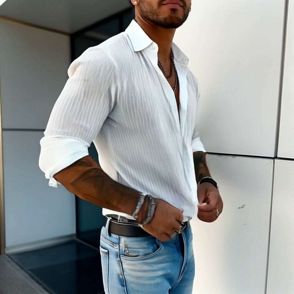 Męska Letnia Koszula w Lekkim Stylu z Prążkowanym Wzorem – Slim Button-Up na Randki i do Miasta