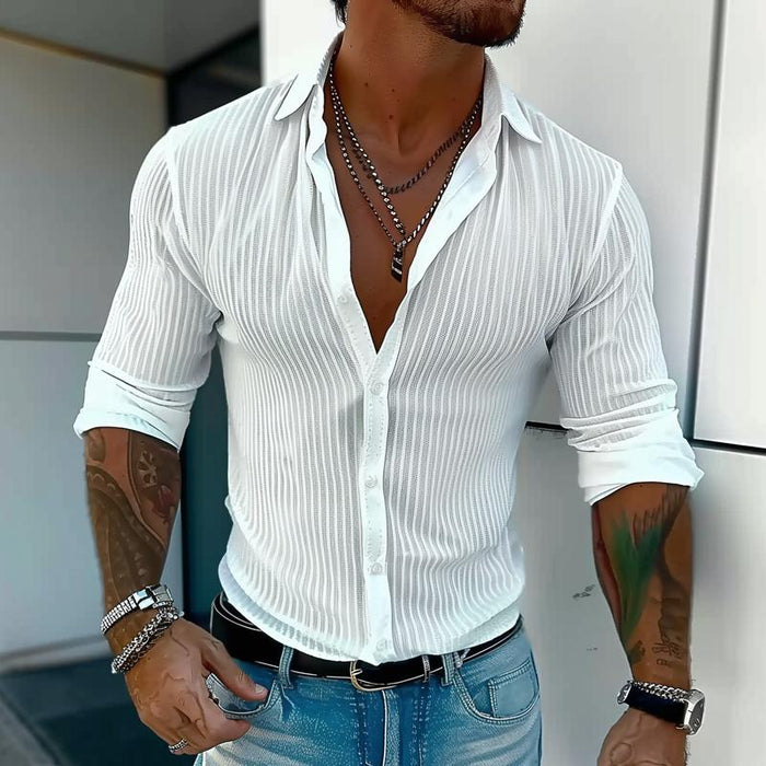 Męska Letnia Koszula w Lekkim Stylu z Prążkowanym Wzorem – Slim Button-Up na Randki i do Miasta