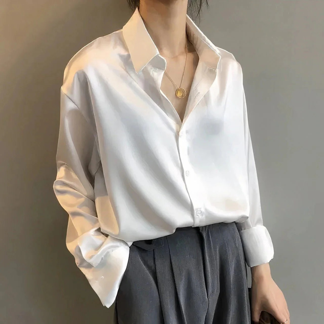 Koszula-Bluzka z Satynowym Wyglądem dla Kobiet – Luźny Styl z Długim Rękawem do Biura i Smart Casual
