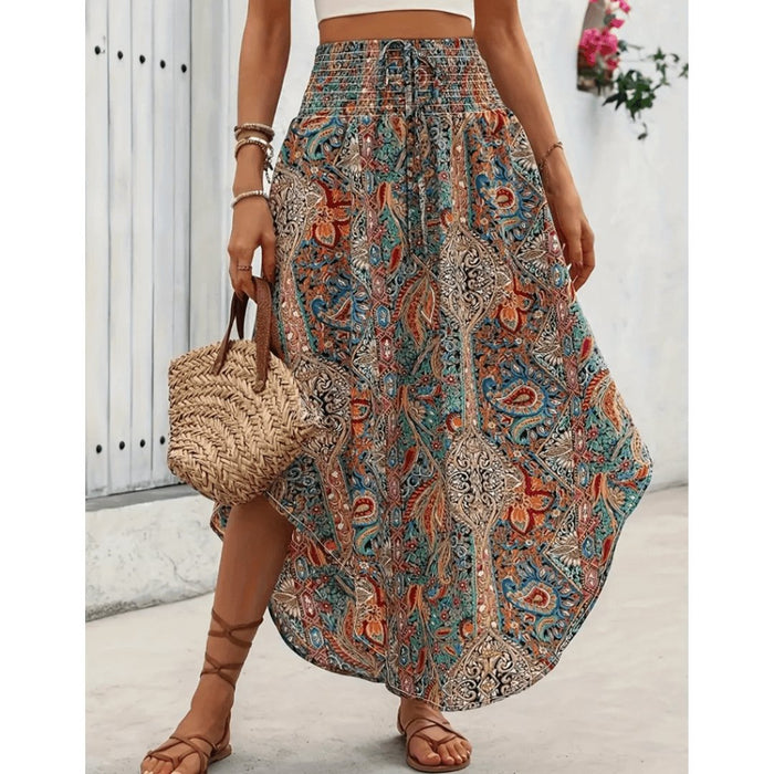 Damska Maxi Spódnica Boho w Wzory z Wysokim Stanem, Letni Styl