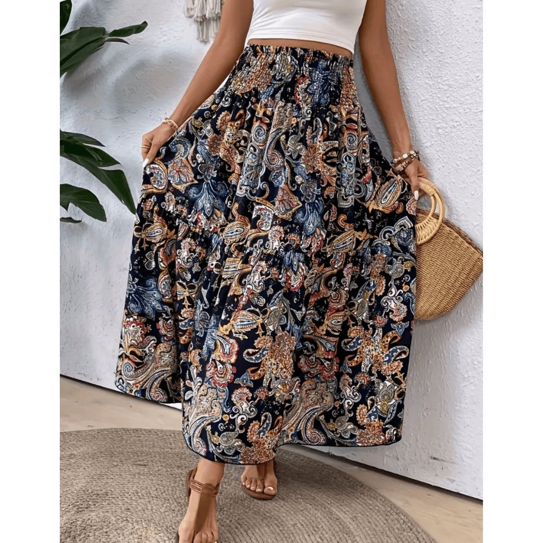 Damska Maxi Spódnica Boho w Wzory z Wysokim Stanem, Letni Styl