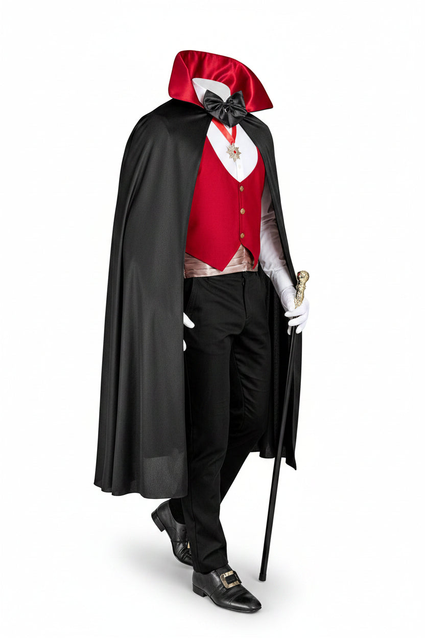 Męski kostium wampira z kamizelką, peleryną i akcesoriami na Halloween