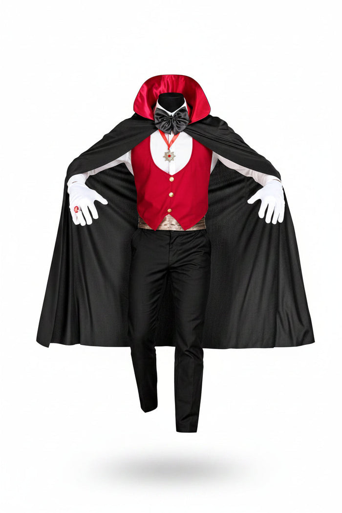 Męski kostium wampira z kamizelką, peleryną i akcesoriami na Halloween