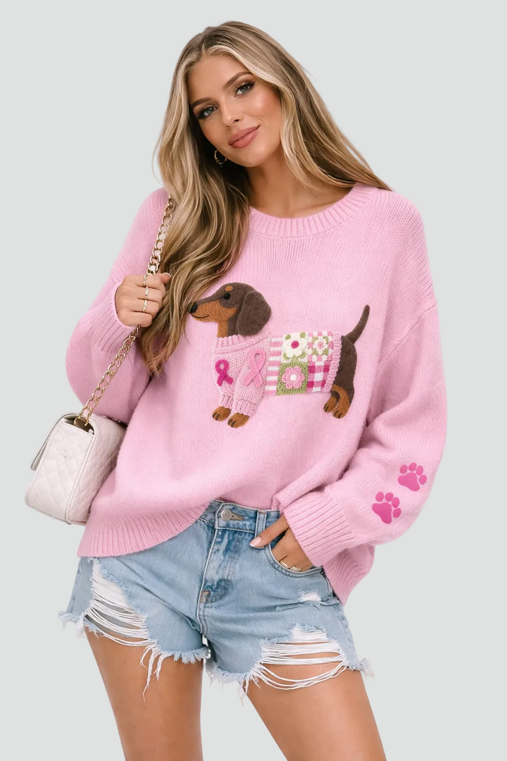 Damski sweter z dzianiny z motywem psa w luźnym kroju