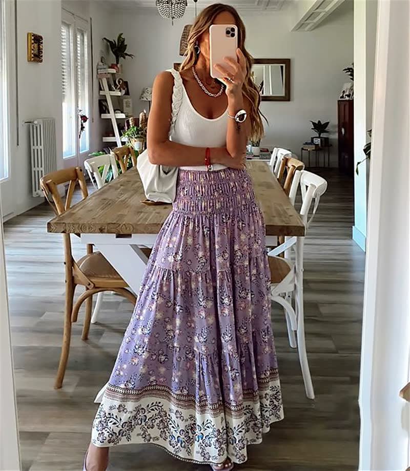 Damska boho spódnica midi z falbanami, elastyczny pas, lekka, zwiewna spódnica letnia
