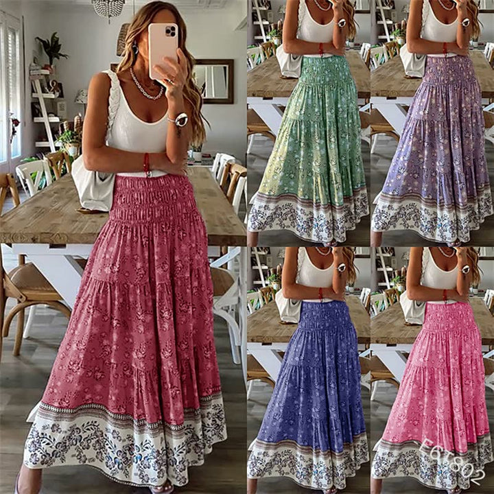 Damska boho spódnica midi z falbanami, elastyczny pas, lekka, zwiewna spódnica letnia