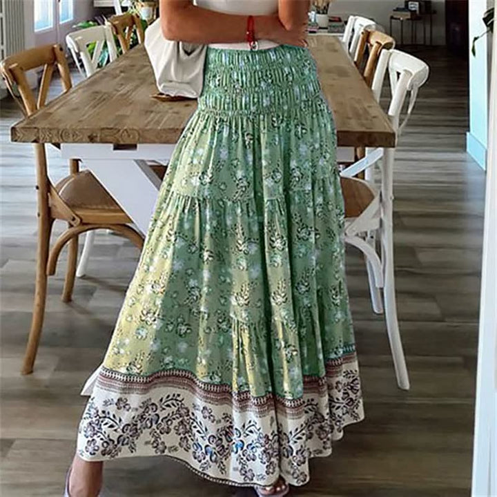 Damska boho spódnica midi z falbanami, elastyczny pas, lekka, zwiewna spódnica letnia