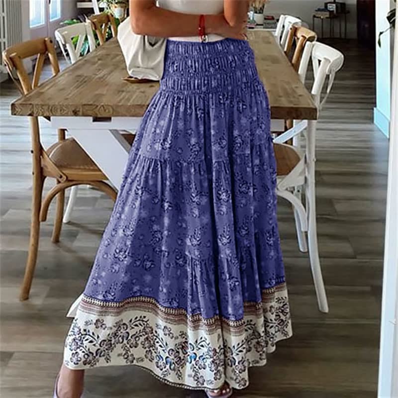 Damska boho spódnica midi z falbanami, elastyczny pas, lekka, zwiewna spódnica letnia