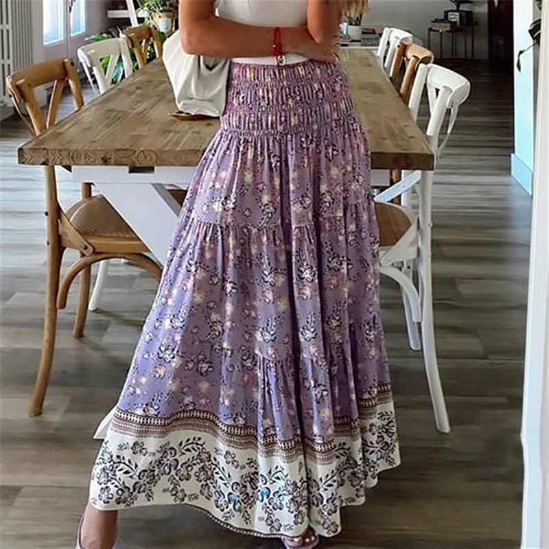 Damska boho spódnica midi z falbanami, elastyczny pas, lekka, zwiewna spódnica letnia