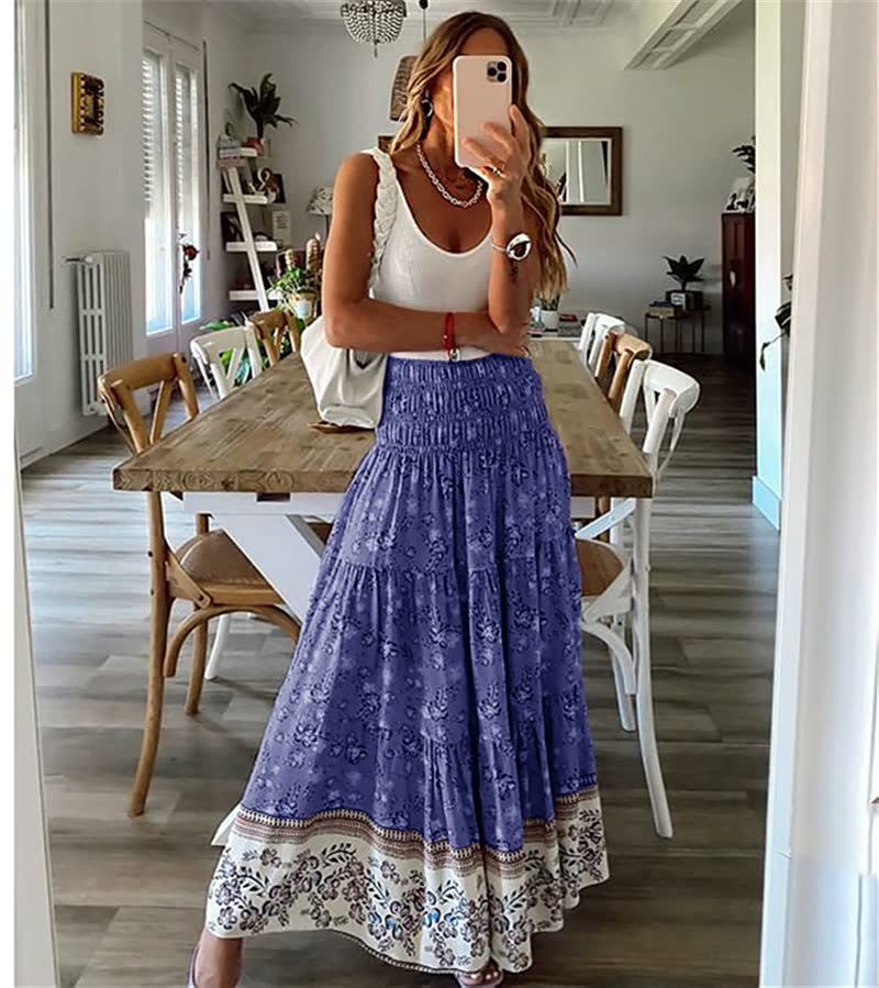 Damska boho spódnica midi z falbanami, elastyczny pas, lekka, zwiewna spódnica letnia