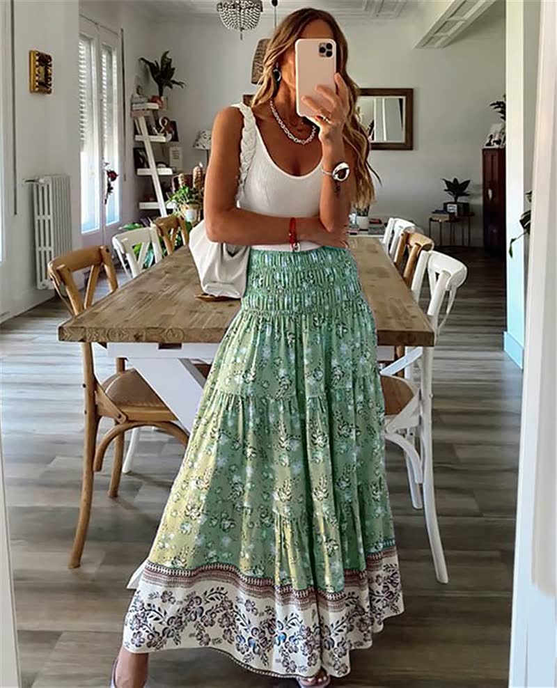 Damska boho spódnica midi z falbanami, elastyczny pas, lekka, zwiewna spódnica letnia