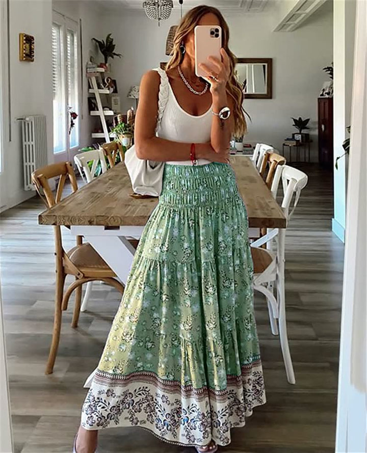 Damska boho spódnica midi z falbanami, elastyczny pas, lekka, zwiewna spódnica letnia