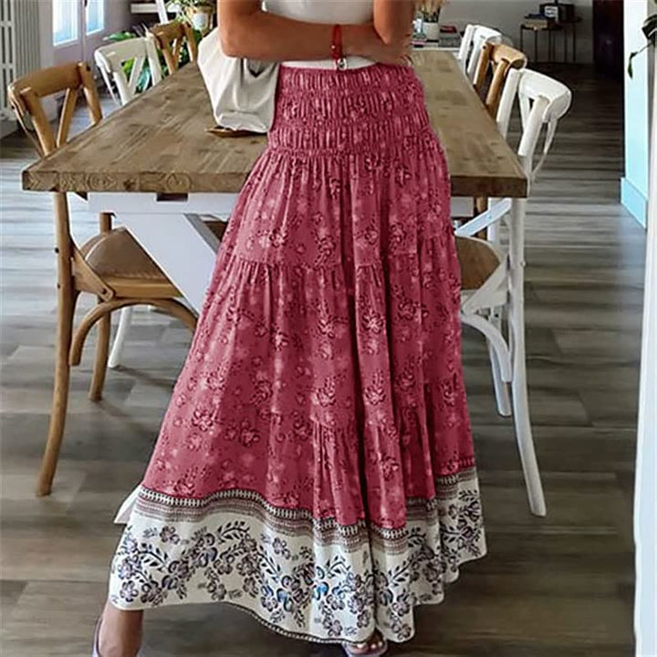 Damska boho spódnica midi z falbanami, elastyczny pas, lekka, zwiewna spódnica letnia