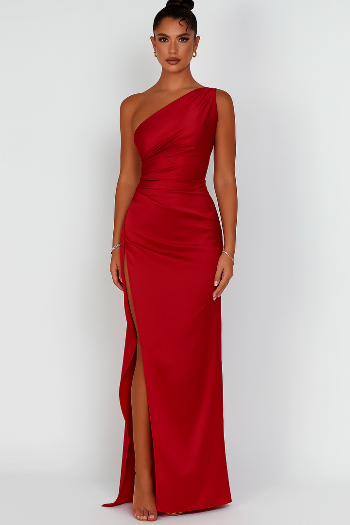 Sukienka Maxi z Satyny na Jedno Ramię dla Kobiet, Elegancka, Z Rozporkiem, Formalna, Slim Fit, Płynąca