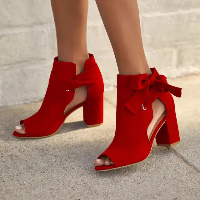Damskie Botki Peep Toe z Kokardą na Słupku