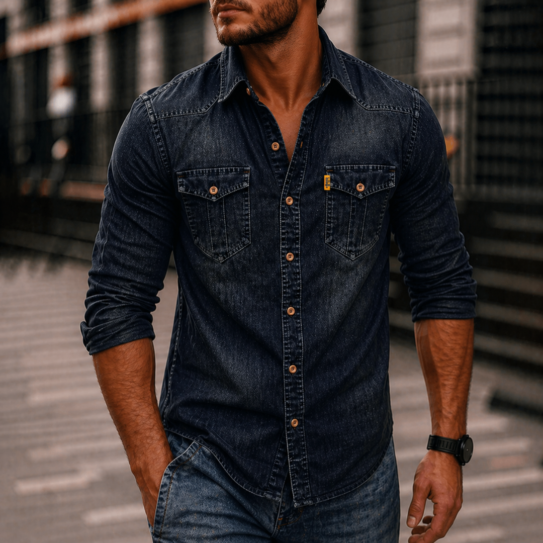 Męska Dżinsowa Koszula z Długim Rękawem – Casual Button-Up z Kieszeniami na Klatce Piersiowej do Codziennego Noszenia