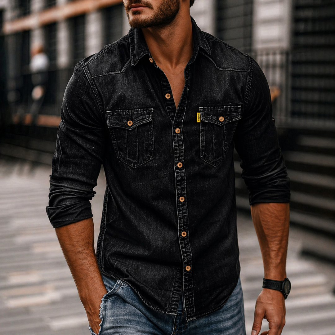 Męska Dżinsowa Koszula z Długim Rękawem – Casual Button-Up z Kieszeniami na Klatce Piersiowej do Codziennego Noszenia