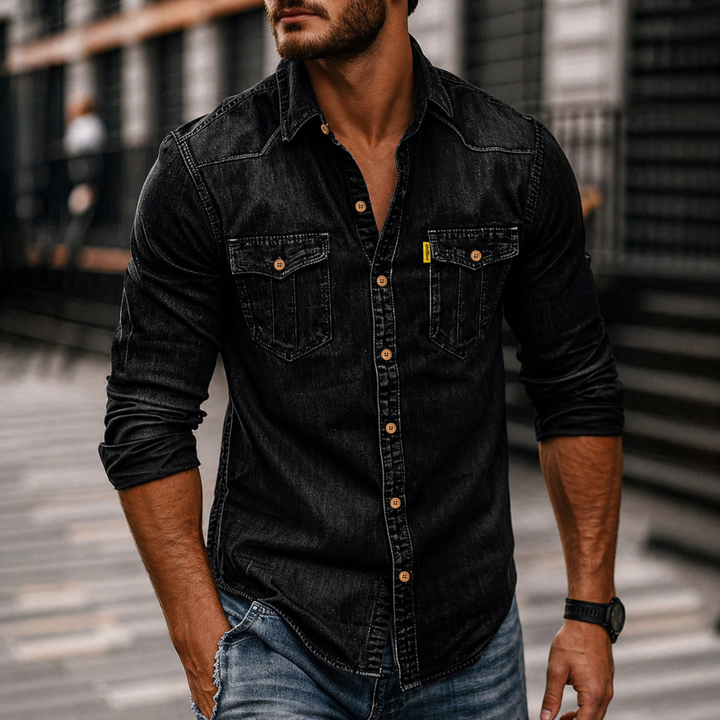 Męska Dżinsowa Koszula z Długim Rękawem – Casual Button-Up z Kieszeniami na Klatce Piersiowej do Codziennego Noszenia