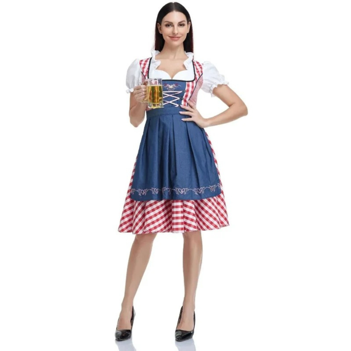 Kobiece Sukienka Dirndl w Kratę – Midi z Koronkowym Sznurowaniem na Oktoberfest z Fartuszkiem