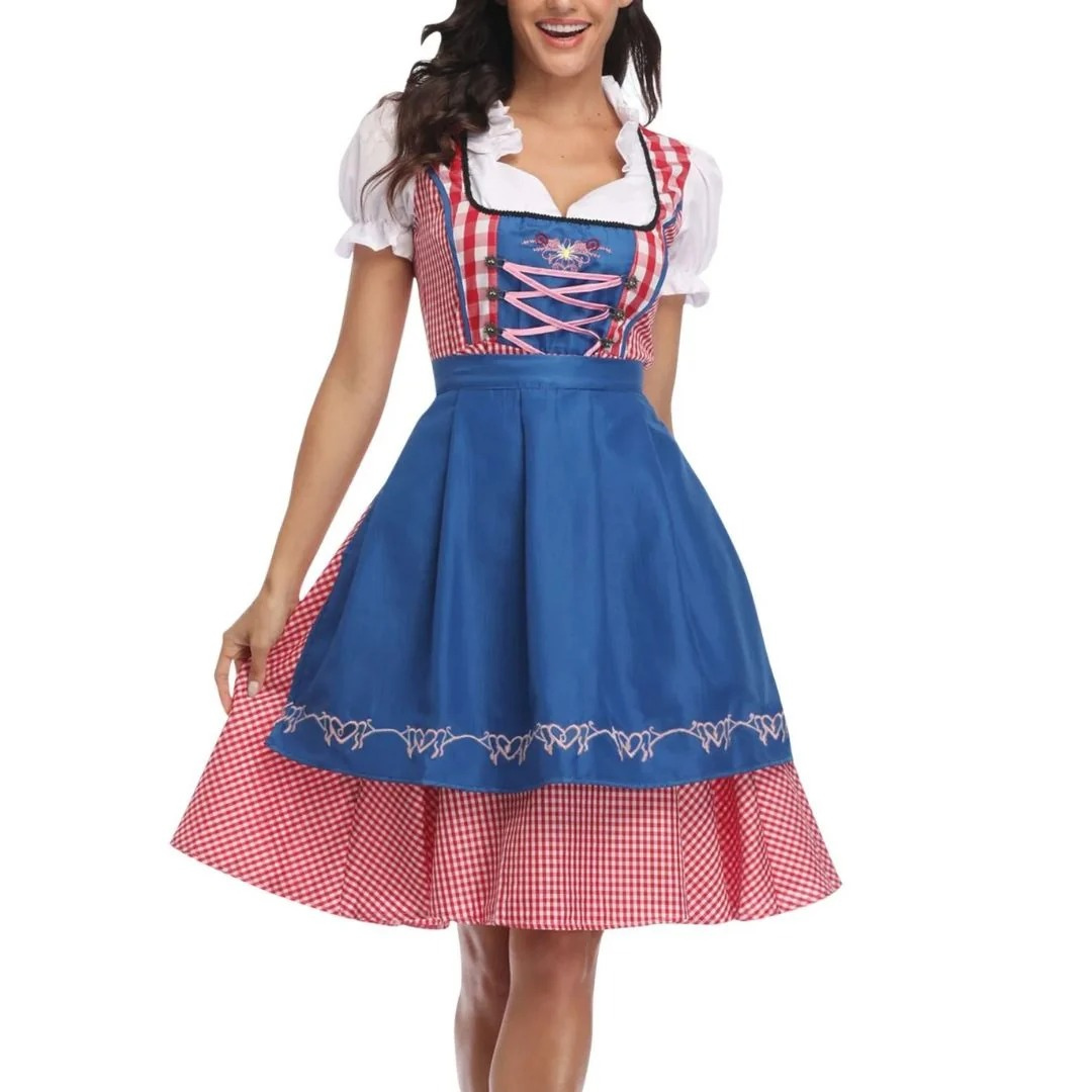Kobiece Sukienka Dirndl w Kratę – Midi z Koronkowym Sznurowaniem na Oktoberfest z Fartuszkiem