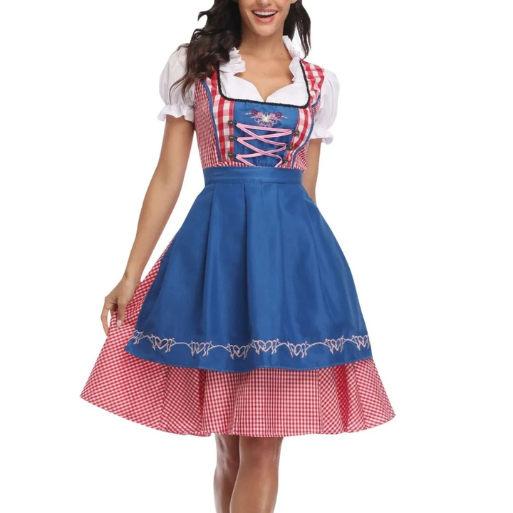 Kobiece Sukienka Dirndl w Kratę – Midi z Koronkowym Sznurowaniem na Oktoberfest z Fartuszkiem