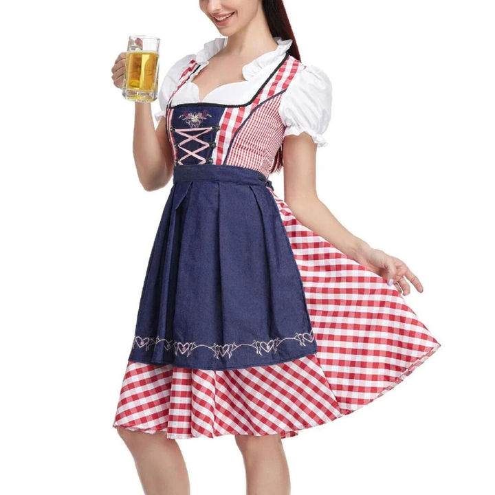 Kobiece Sukienka Dirndl w Kratę – Midi z Koronkowym Sznurowaniem na Oktoberfest z Fartuszkiem