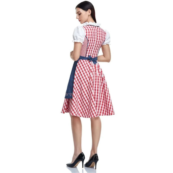 Kobiece Sukienka Dirndl w Kratę – Midi z Koronkowym Sznurowaniem na Oktoberfest z Fartuszkiem
