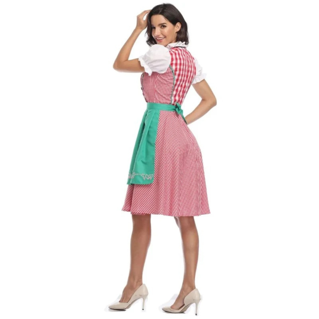 Kobiece Sukienka Dirndl w Kratę – Midi z Koronkowym Sznurowaniem na Oktoberfest z Fartuszkiem