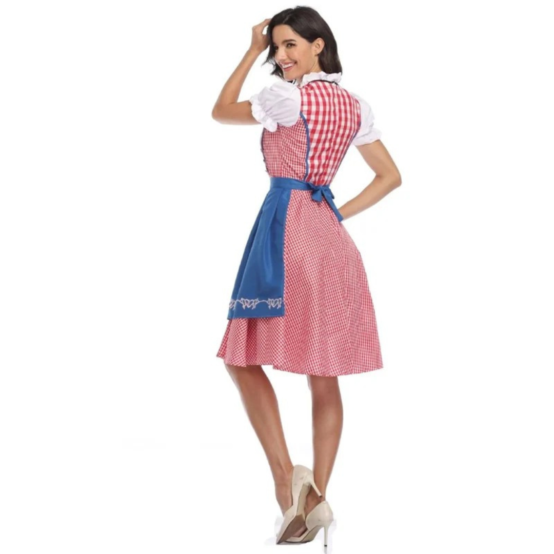 Kobiece Sukienka Dirndl w Kratę – Midi z Koronkowym Sznurowaniem na Oktoberfest z Fartuszkiem