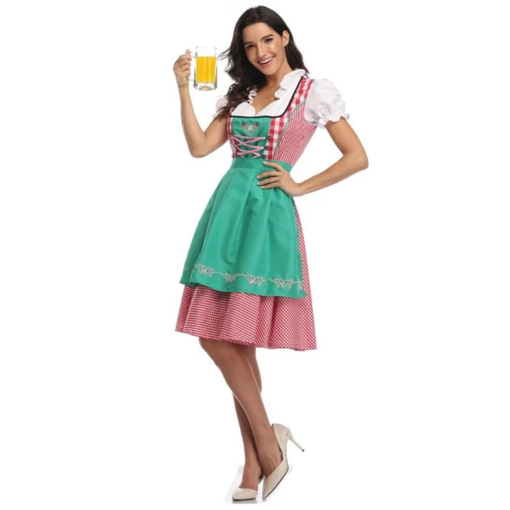 Kobiece Sukienka Dirndl w Kratę – Midi z Koronkowym Sznurowaniem na Oktoberfest z Fartuszkiem