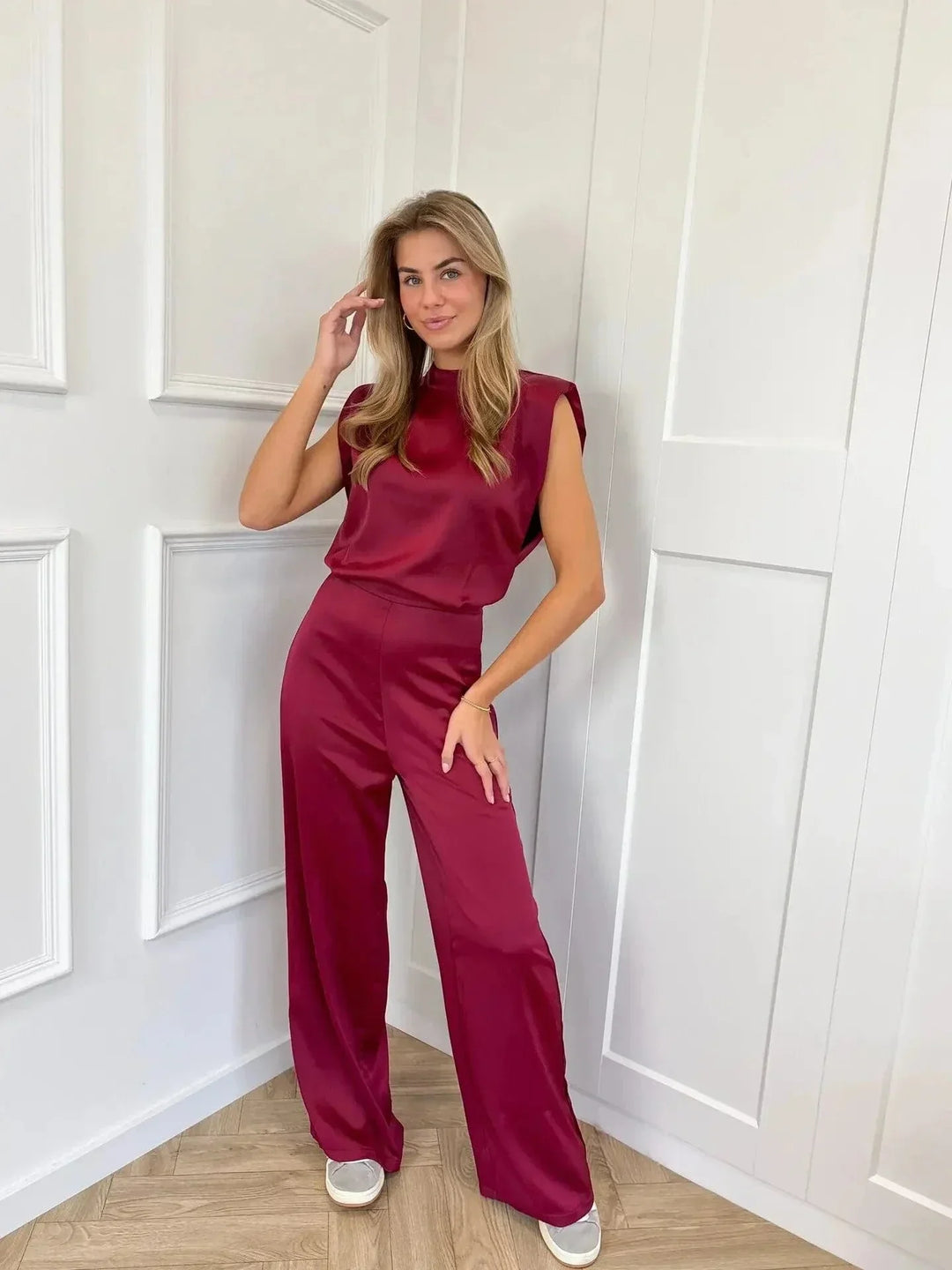 Elegancki Damski Kombinezon z Szerokimi Nogawkami, Bez Rękawów, Wysoki Dekolt, Luźny, Wieczorowy, Casualowy, Chic