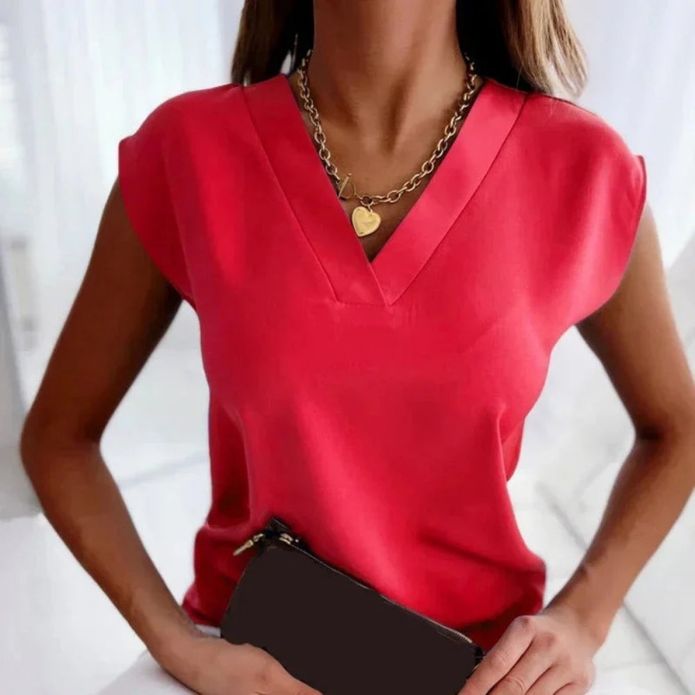 Damska Bluzka z Dekoltem w Serek – Luźna Bluzka z Krótkim Rękawem do Smart Casual