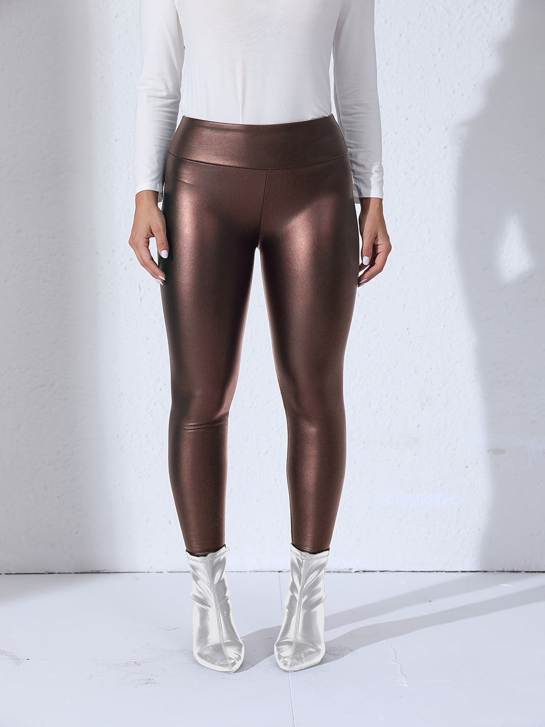 Damskie legginsy z PU skórą, wysoki stan, elastyczne, dopasowane, stylowe codzienne spodnie