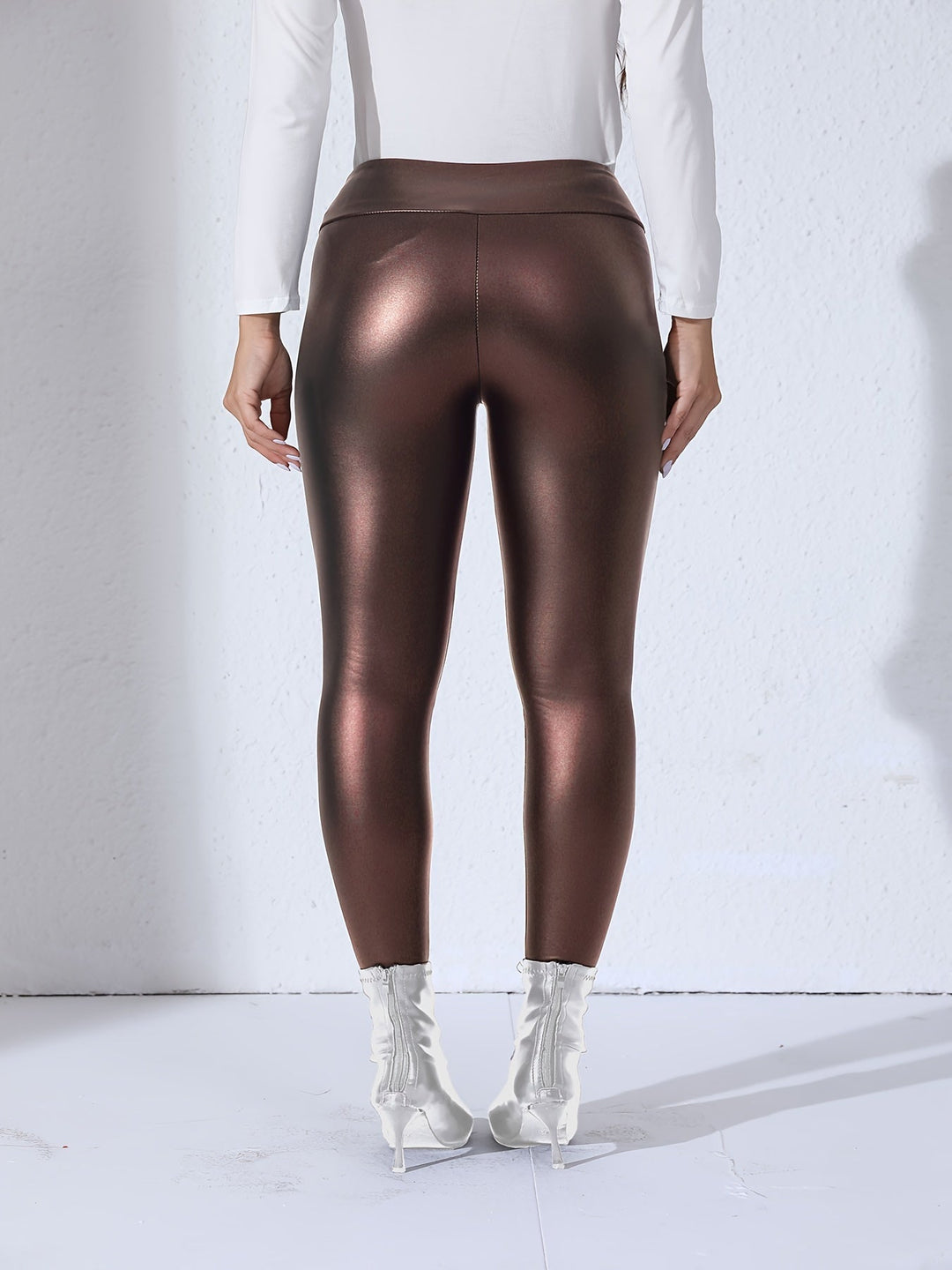 Damskie legginsy z PU skórą, wysoki stan, elastyczne, dopasowane, stylowe codzienne spodnie