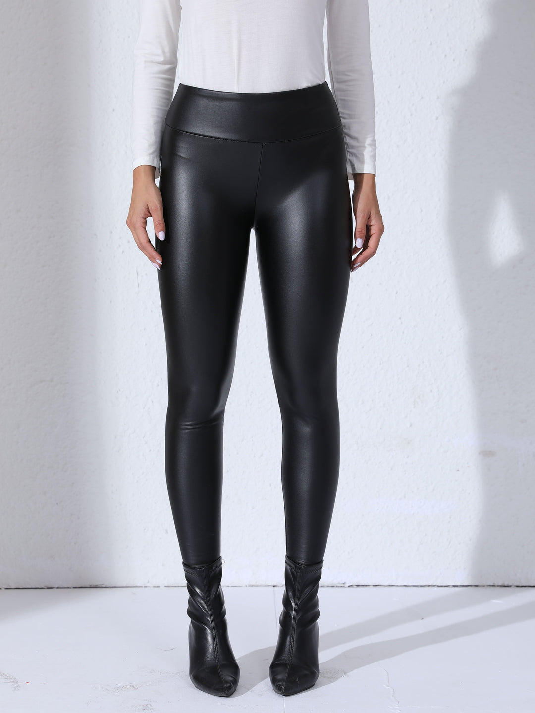 Damskie legginsy z PU skórą, wysoki stan, elastyczne, dopasowane, stylowe codzienne spodnie