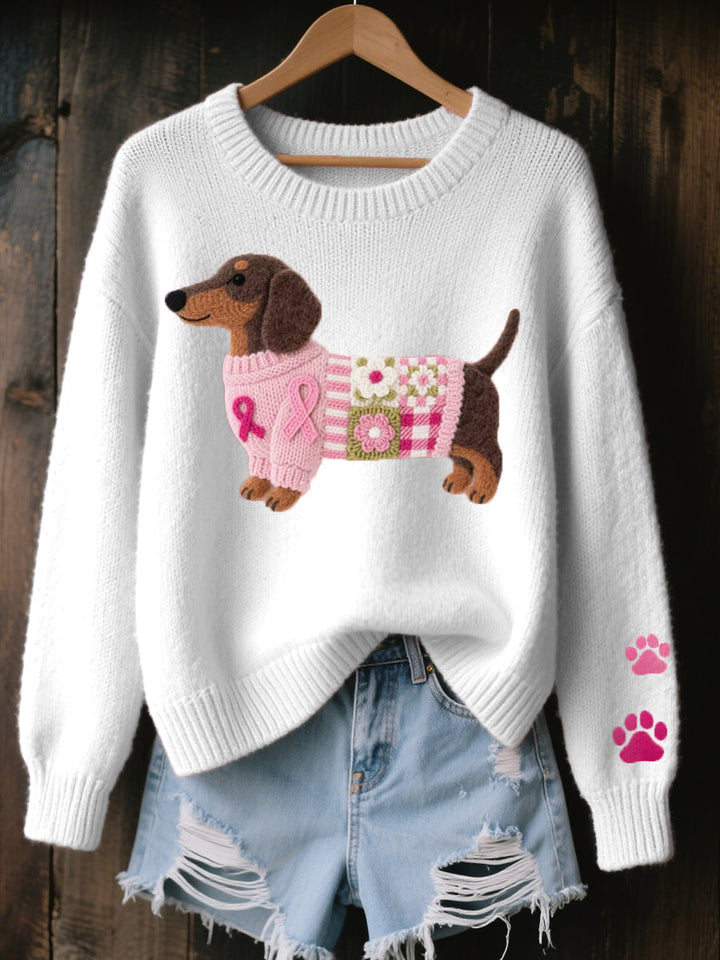 Damski sweter z dzianiny z motywem psa w luźnym kroju