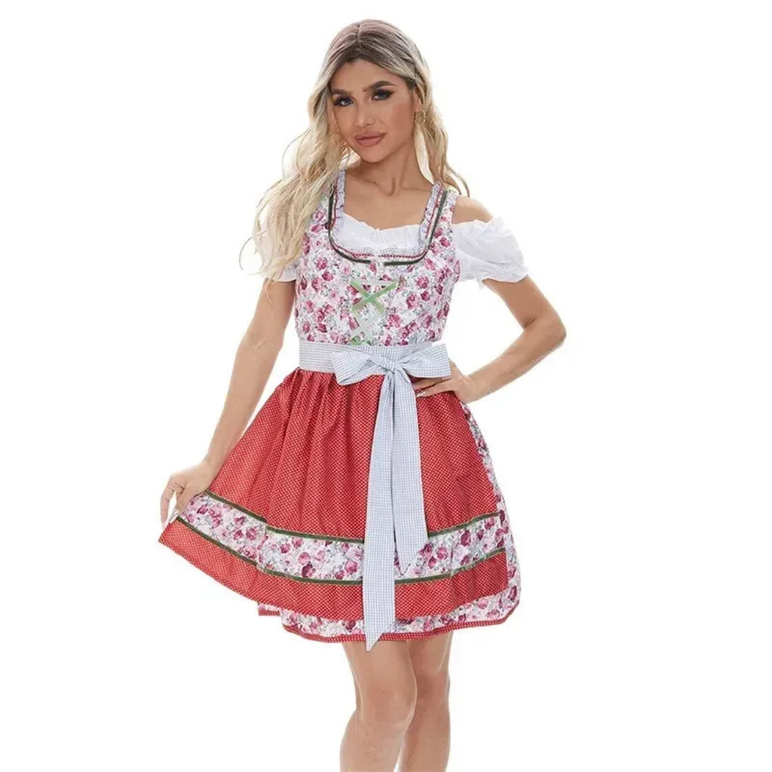 Kwiatowy Fartuch Dirndl dla Kobiet – Sukienka na Oktoberfest z Odkrytymi Ramionami na Festiwale Ludowe