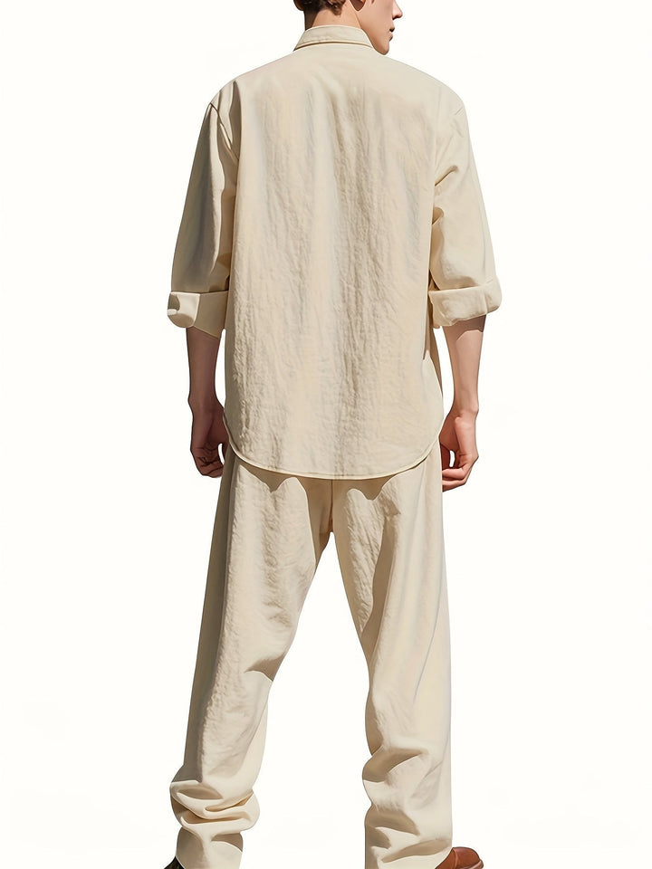 Męska koszula z kołnierzykiem typu band i szerokie spodnie, zestaw dwuczęściowy