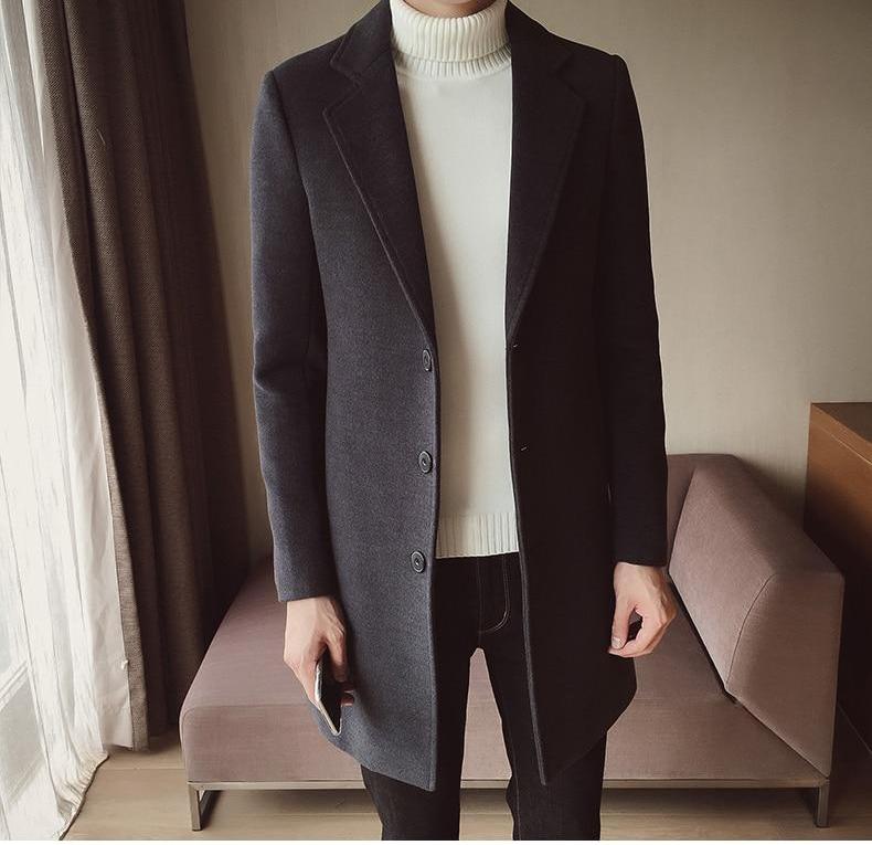 Męski Długi Płaszcz Wełniany – Elegancki Slim Fit Klasyczna Smart Formalna Odzież Wierzchnia