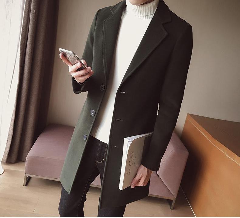 Męski Długi Płaszcz Wełniany – Elegancki Slim Fit Klasyczna Smart Formalna Odzież Wierzchnia