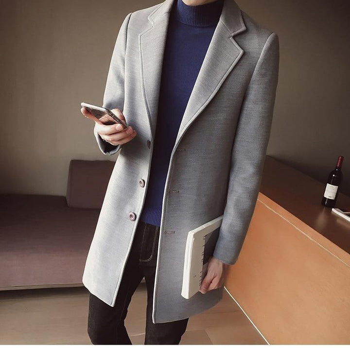 Męski Długi Płaszcz Wełniany – Elegancki Slim Fit Klasyczna Smart Formalna Odzież Wierzchnia