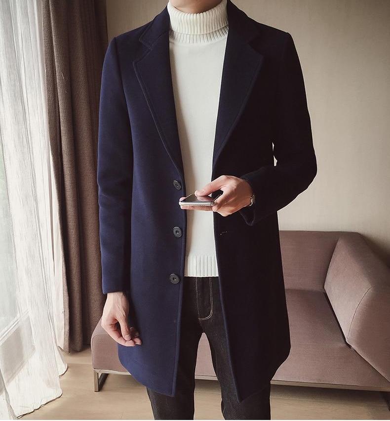 Męski Długi Płaszcz Wełniany – Elegancki Slim Fit Klasyczna Smart Formalna Odzież Wierzchnia