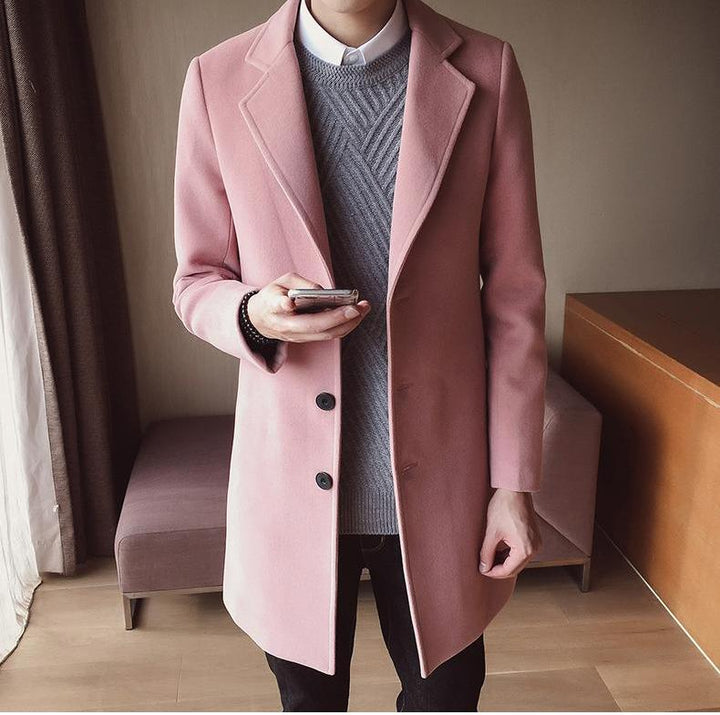 Męski Długi Płaszcz Wełniany – Elegancki Slim Fit Klasyczna Smart Formalna Odzież Wierzchnia
