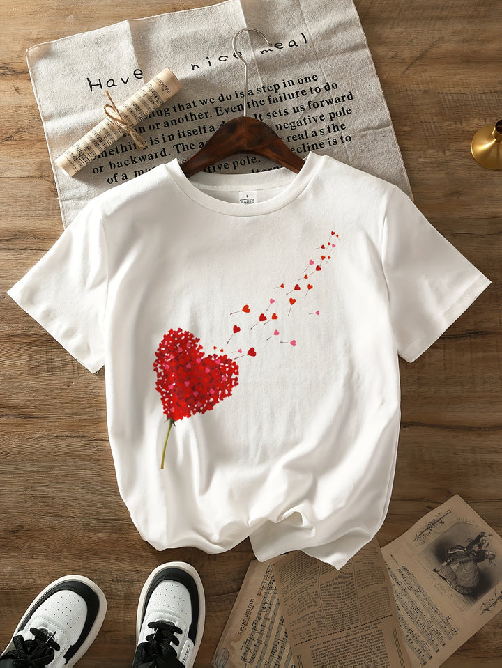 Kobiece T-shirt z uroczym nadrukiem serca i kwiatów, okrągły dekolt, miękka mieszanka bawełny i romantyczny, codzienny styl