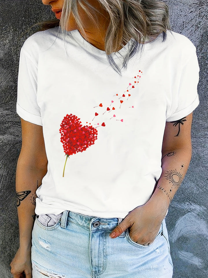 Kobiece T-shirt z uroczym nadrukiem serca i kwiatów, okrągły dekolt, miękka mieszanka bawełny i romantyczny, codzienny styl