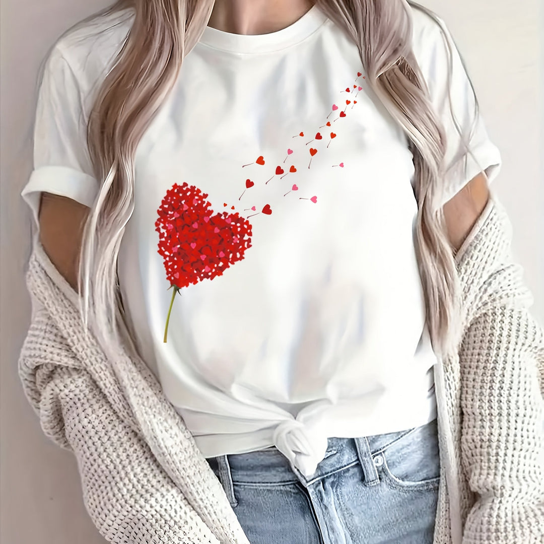 Kobiece T-shirt z uroczym nadrukiem serca i kwiatów, okrągły dekolt, miękka mieszanka bawełny i romantyczny, codzienny styl
