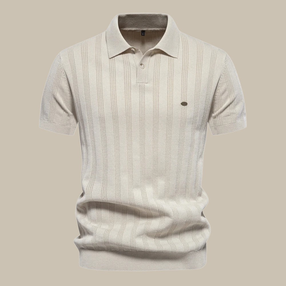 Męska teksturowana koszulka polo – krótki rękaw, elegancki casualowy top na letnie miejskie wyjścia